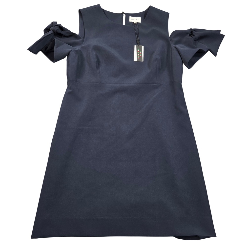 Milly Shift Dress Womens 12 Navy Blue Cold Shoulder Bow Sleeve Italian Fabric